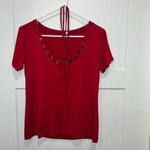 SHEIN Red Grommet V-Neck Tee